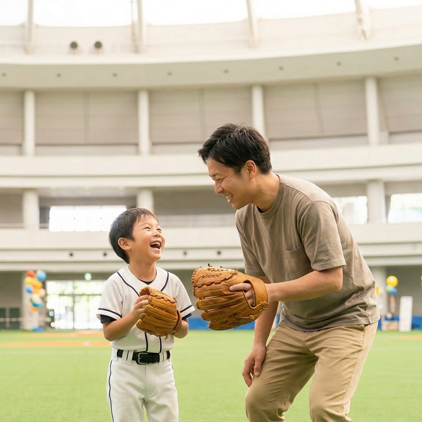 笑顔でキャッチボールをする親子